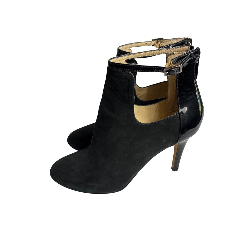 Jimmy Choo Black Suede Patent Leather Ankle Boots Heels Size 35 Made in Italy